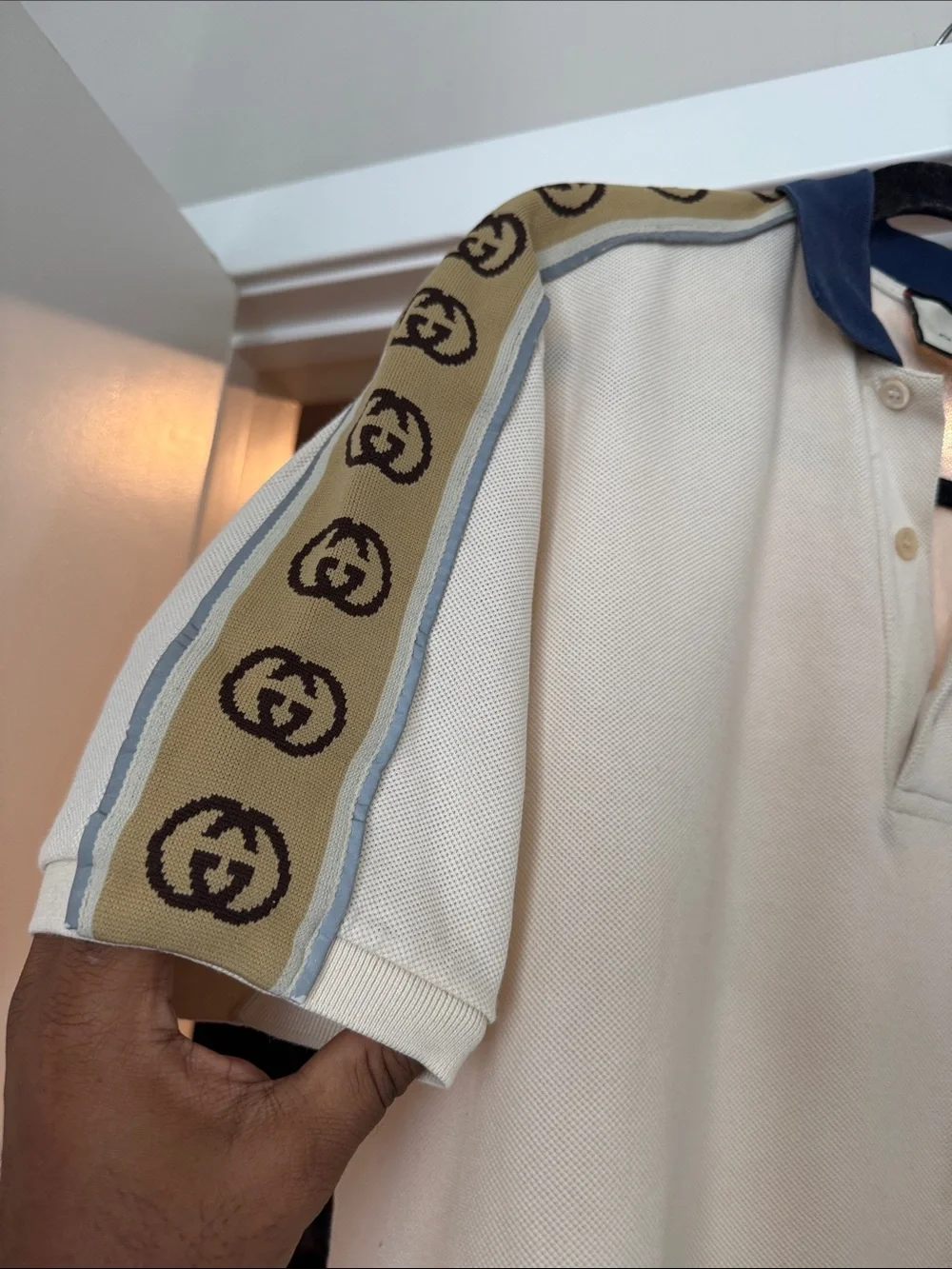 Gucci Pale Blue Polo with Navy Contrast Collar and Logo Tape